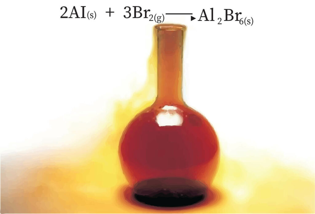 "A chemical reaction between Bromine liquid and aluminum metal.”