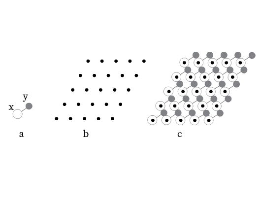 a. A circle labeled X joined with a line to a shaded smaller circle labeled Y. b. An array of of five dots in five rows forming a parallelogram. c. Each point on the parallelogram has a circle joined with a line to a shaded circle as shown in a.