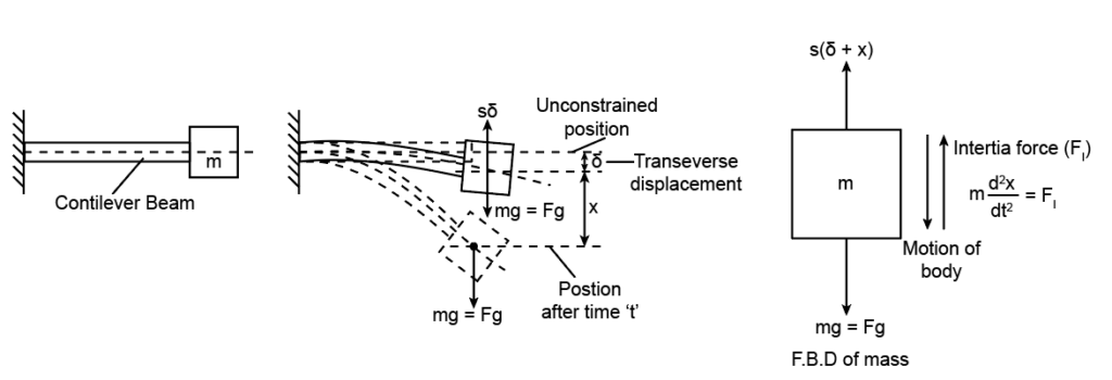 Image represents a cantilever beam with transverse vibration and free-body diagram of a mass