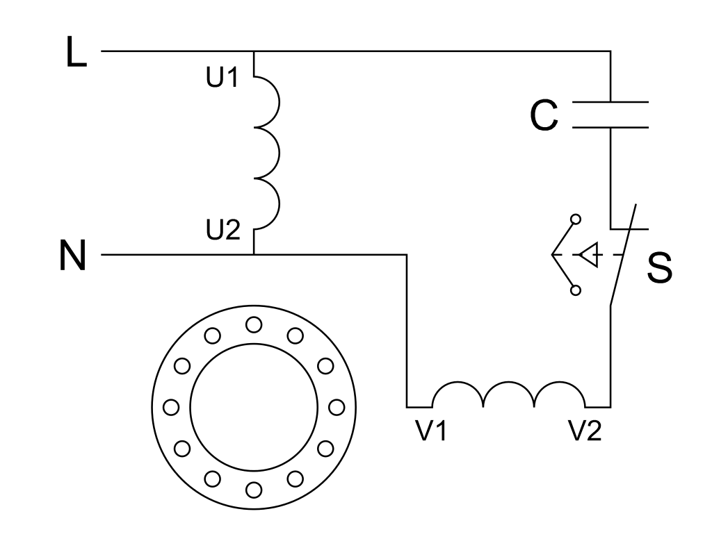 Schematic of a capacitor start motor.