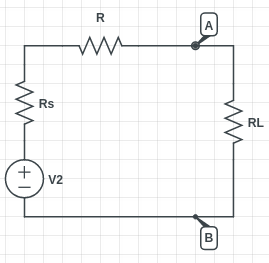 A simple DC circuit containing 1 voltage supply, its internal resistance Rs, internal resistance of wires R and a load resistance RL