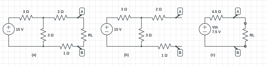 A diagram containing 3 circuits which are just simplified version of the former starting with figure a.